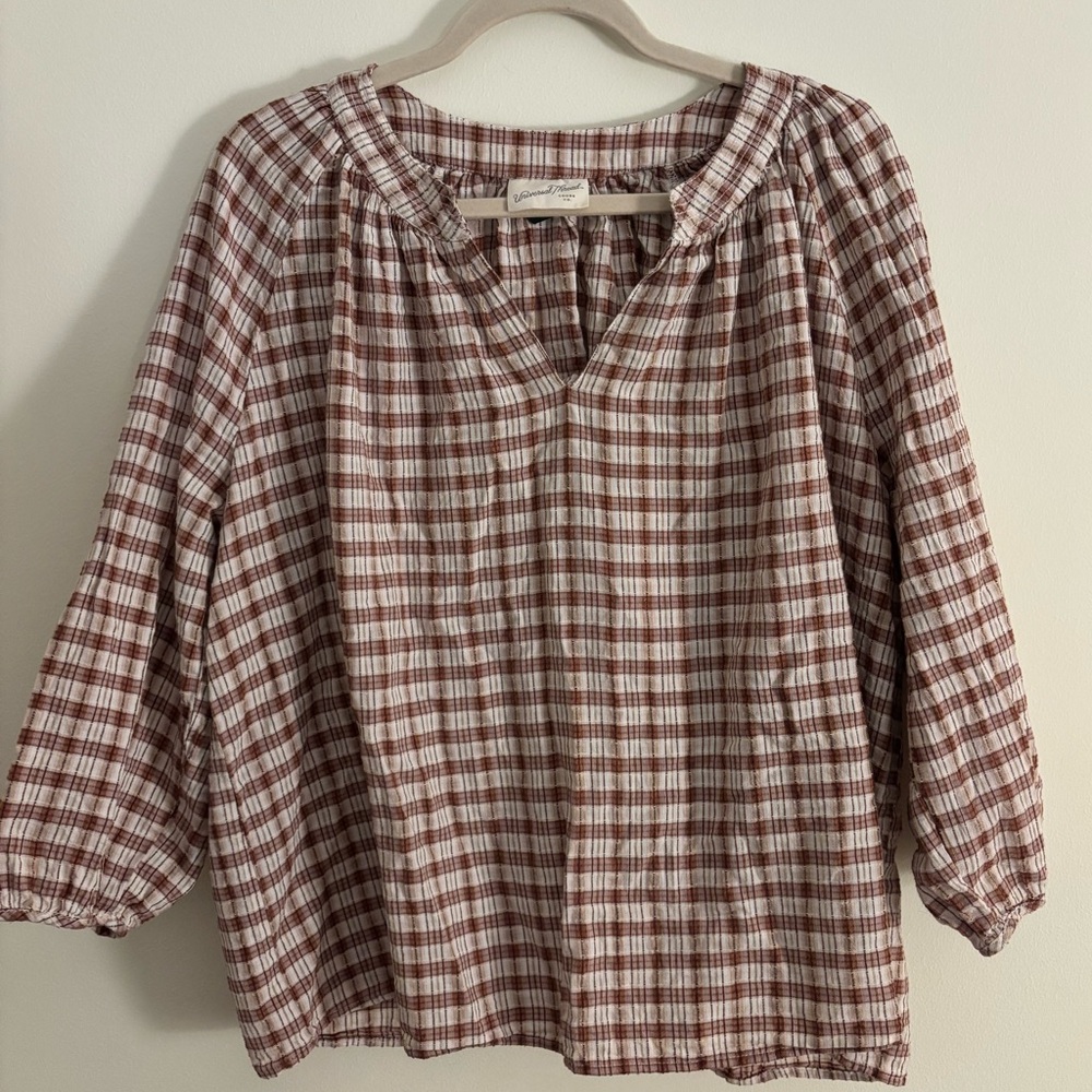 100% Cotton Brown and Cream Plaid Peasant Blouse
